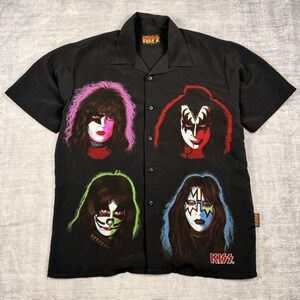 Vtg Kiss Shirt Men's Large Black Button Up Y2K‎ 2001 Faces Aop Band Loop collar